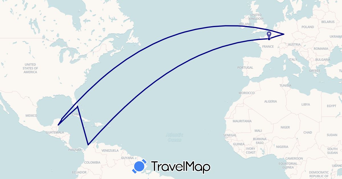 TravelMap itinerary: driving in Colombia, Germany, France, Mexico, United States (Europe, North America, South America)